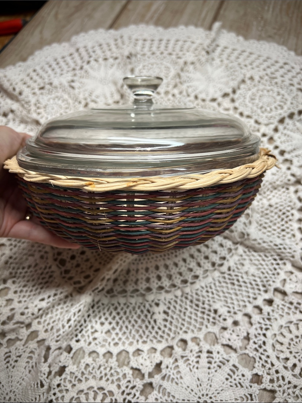 VINTAGE PYREX casserole dish with basket